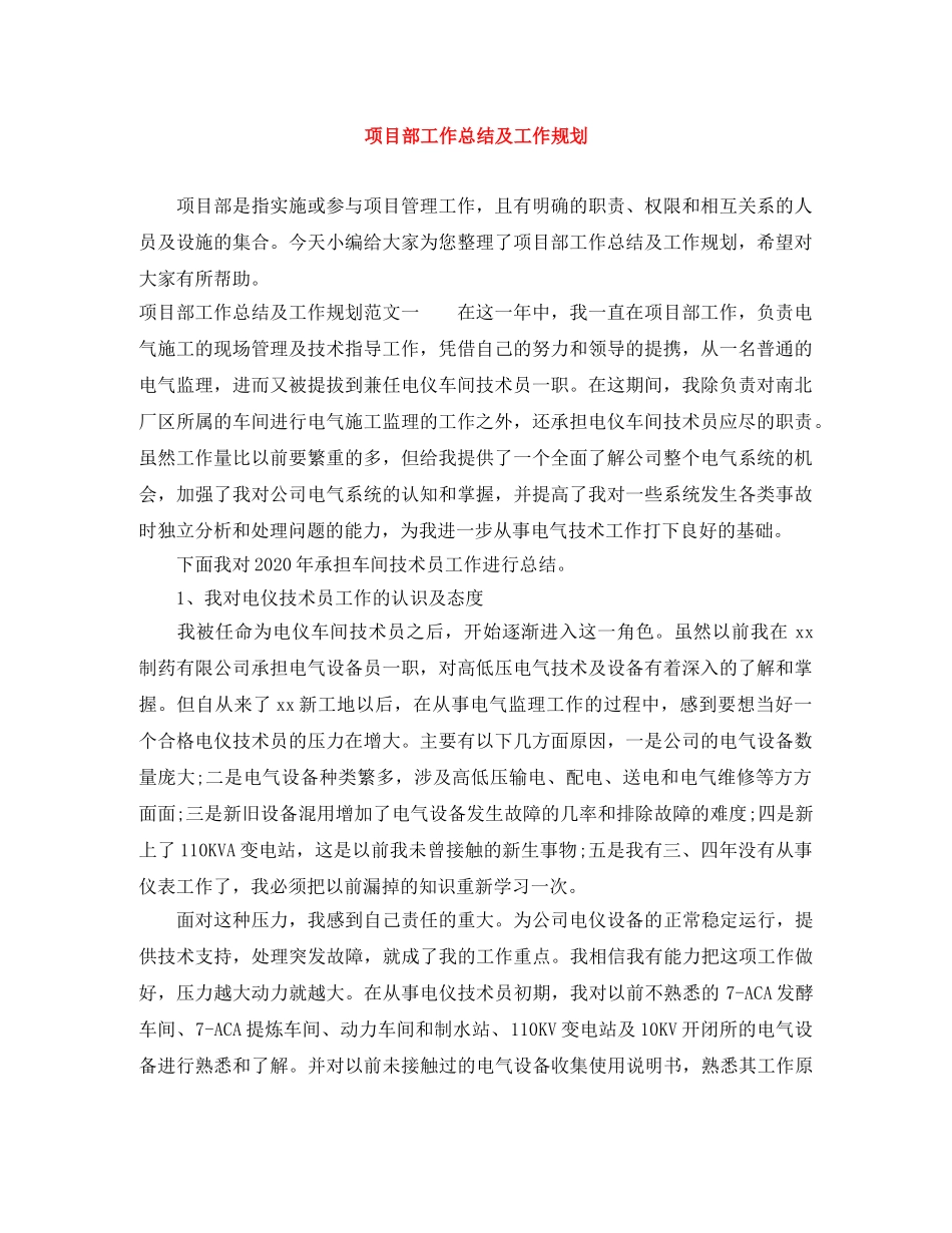 项目部工作总结及工作规划 _第1页