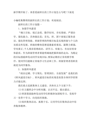 副班长的工作计划怎么写