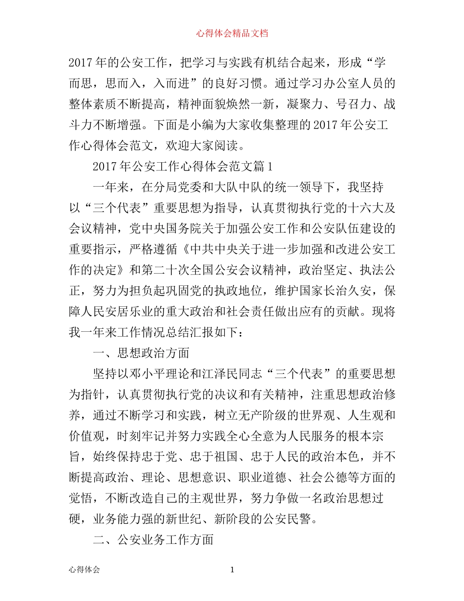 年公安工作心得体会范文_第1页
