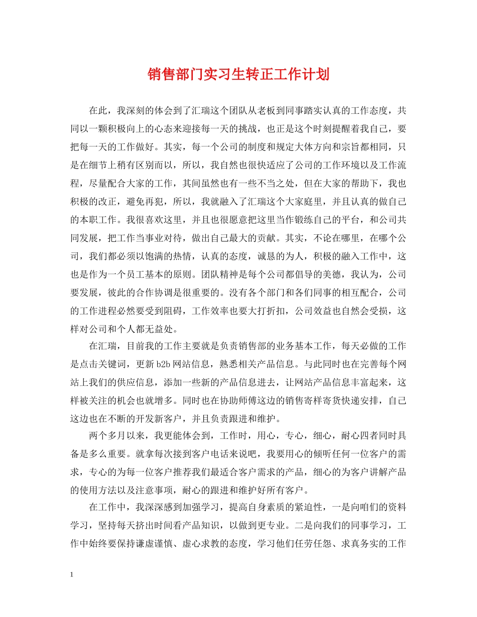 销售部门实习生转正工作计划 _第1页