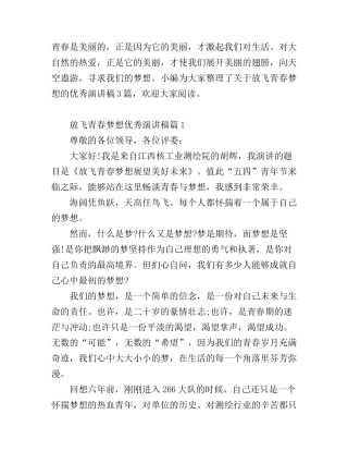 放飞青春梦想优秀演讲稿