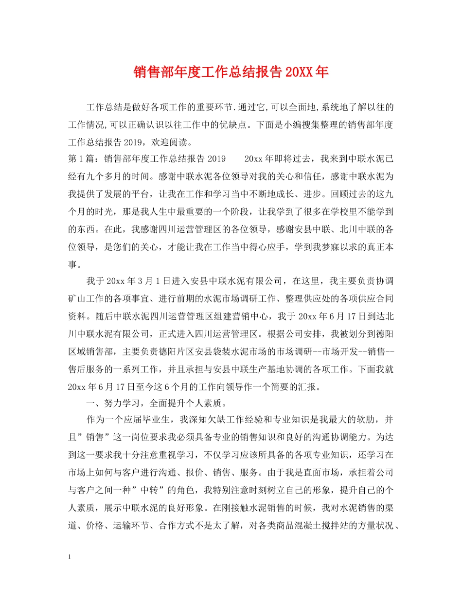 销售部年度工作总结报告20XX年 _第1页
