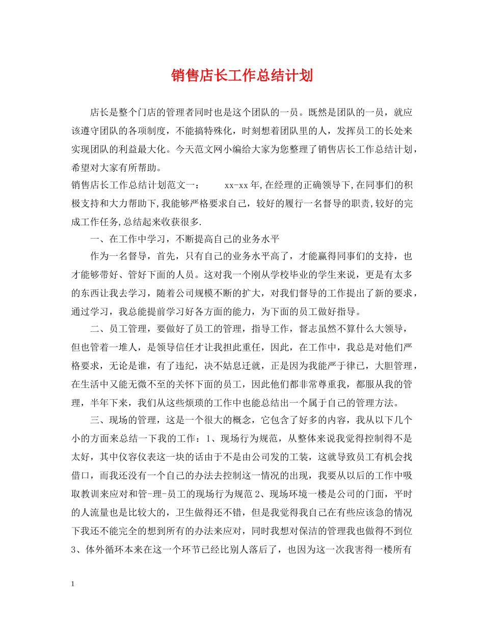 销售店长工作总结计划 _第1页