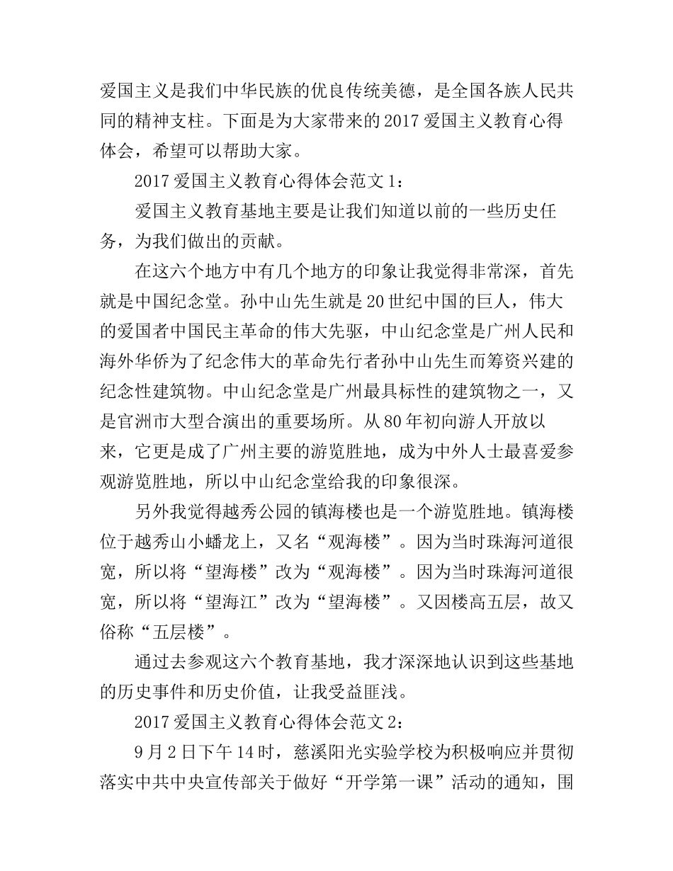 2017爱国主义教育心得体会3篇_2017年爱国主义教育基地心得体会_第1页