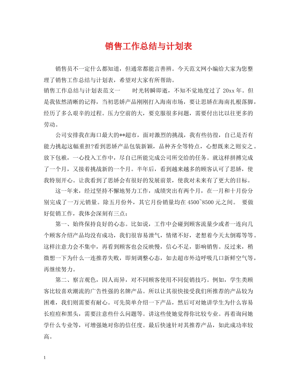 销售工作总结与计划表 _第1页