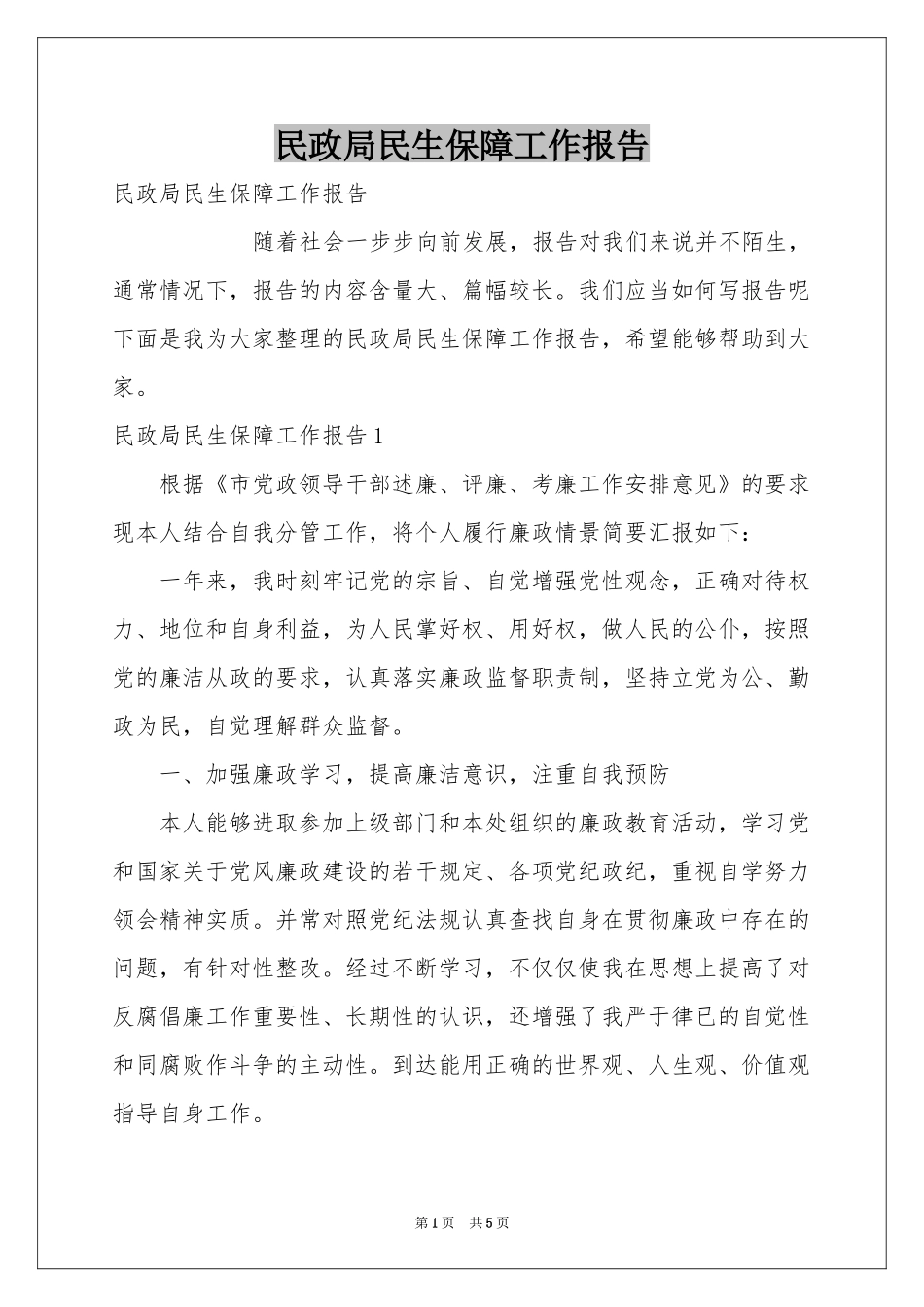 民政局民生保障工作报告_第1页