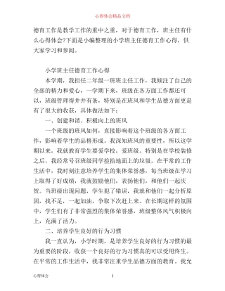 小学班主任德育工作心得