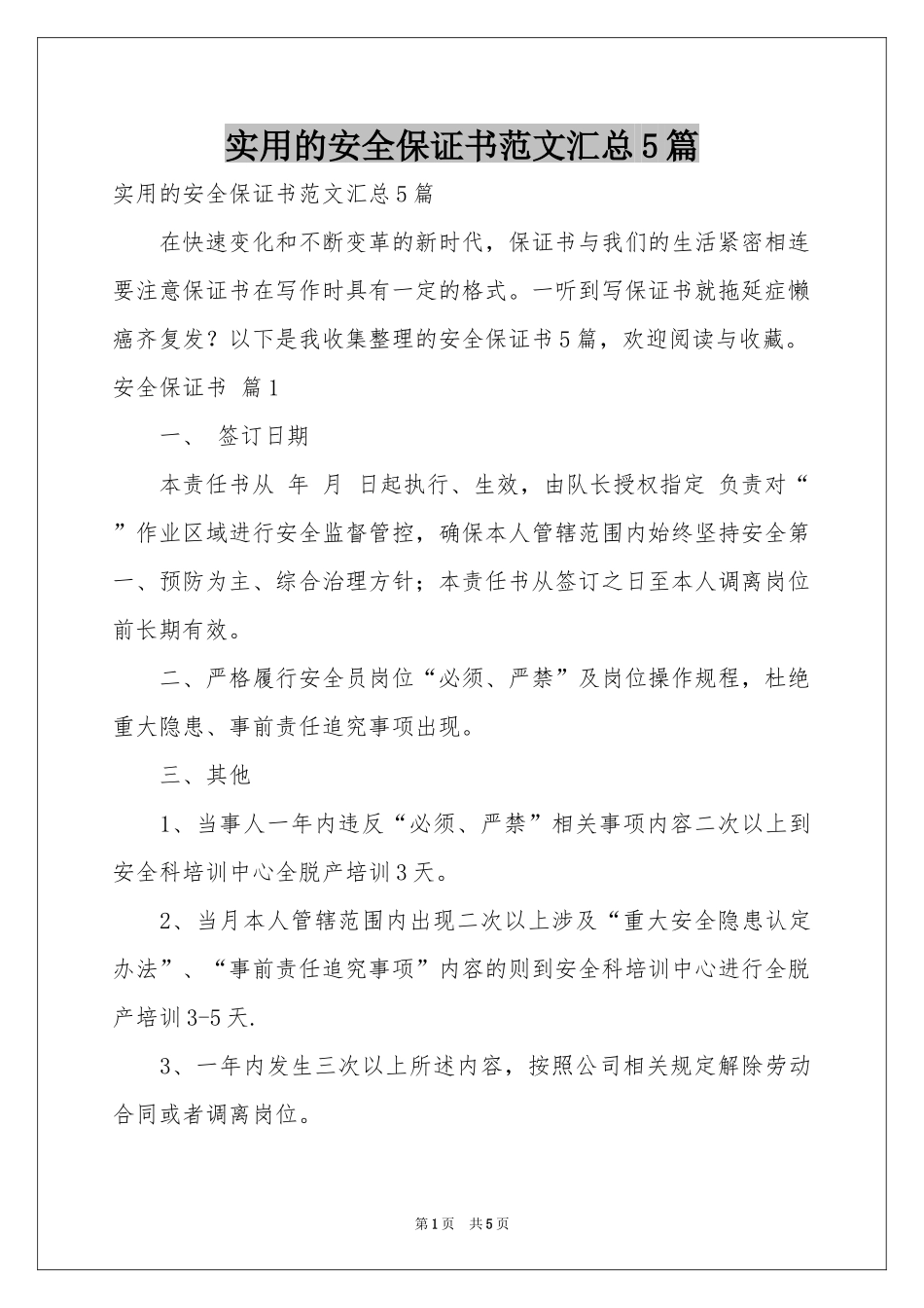 实用的安全保证书范本汇总5篇_第1页