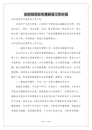 农村信用社年度财务工作参考计划