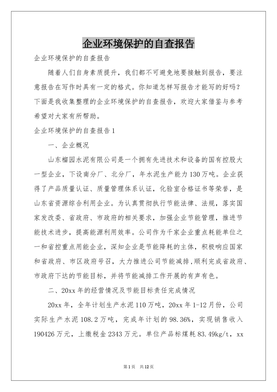 企业环境保护的自查报告_第1页