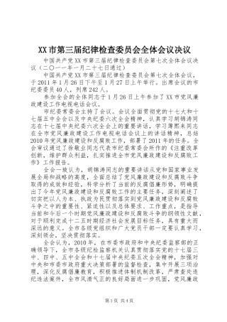 XX市第三届纪律检查委员会全体会议决议