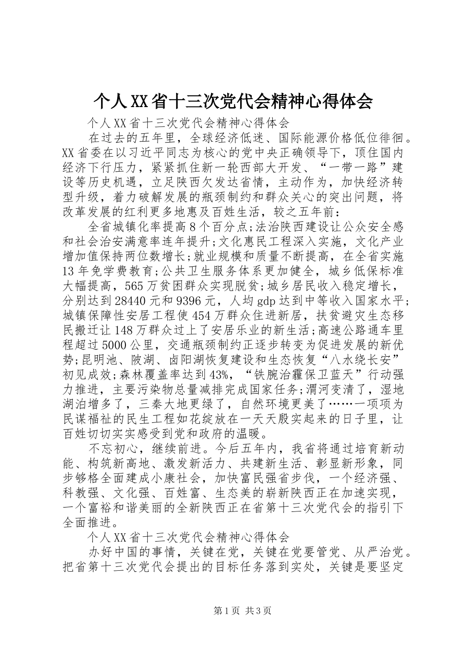 个人XX省十三次党代会精神心得体会_第1页
