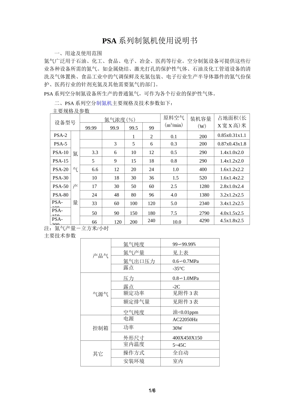 PSA系列制氮机使用说明书_第1页