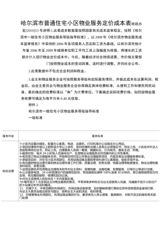 哈尔滨市普通住宅小区物业服务定价成本表