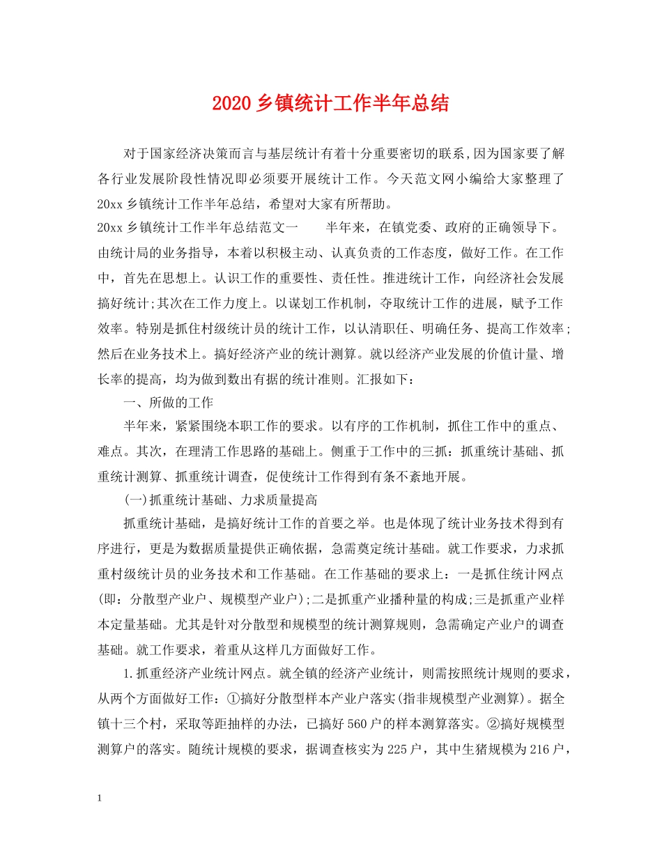 2024乡镇统计工作半年总结2 _第1页