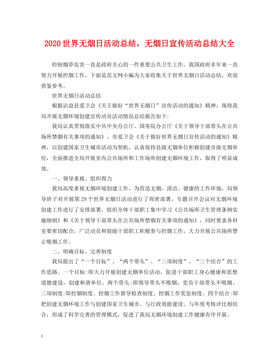 2024世界无烟日活动总结，无烟日宣传活动总结大全 _第1页