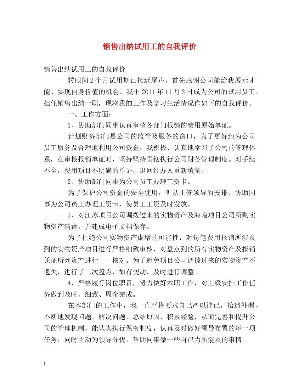 销售出纳试用工的自我评价 _第1页