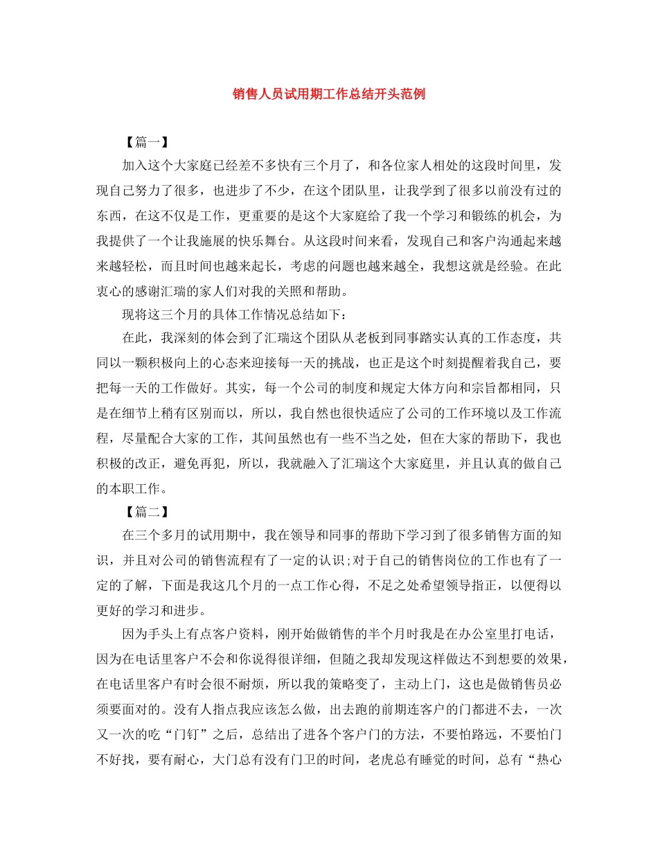 销售人员试用期工作总结开头范例 _第1页