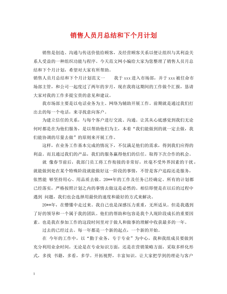 销售人员月总结和下个月计划 _第1页