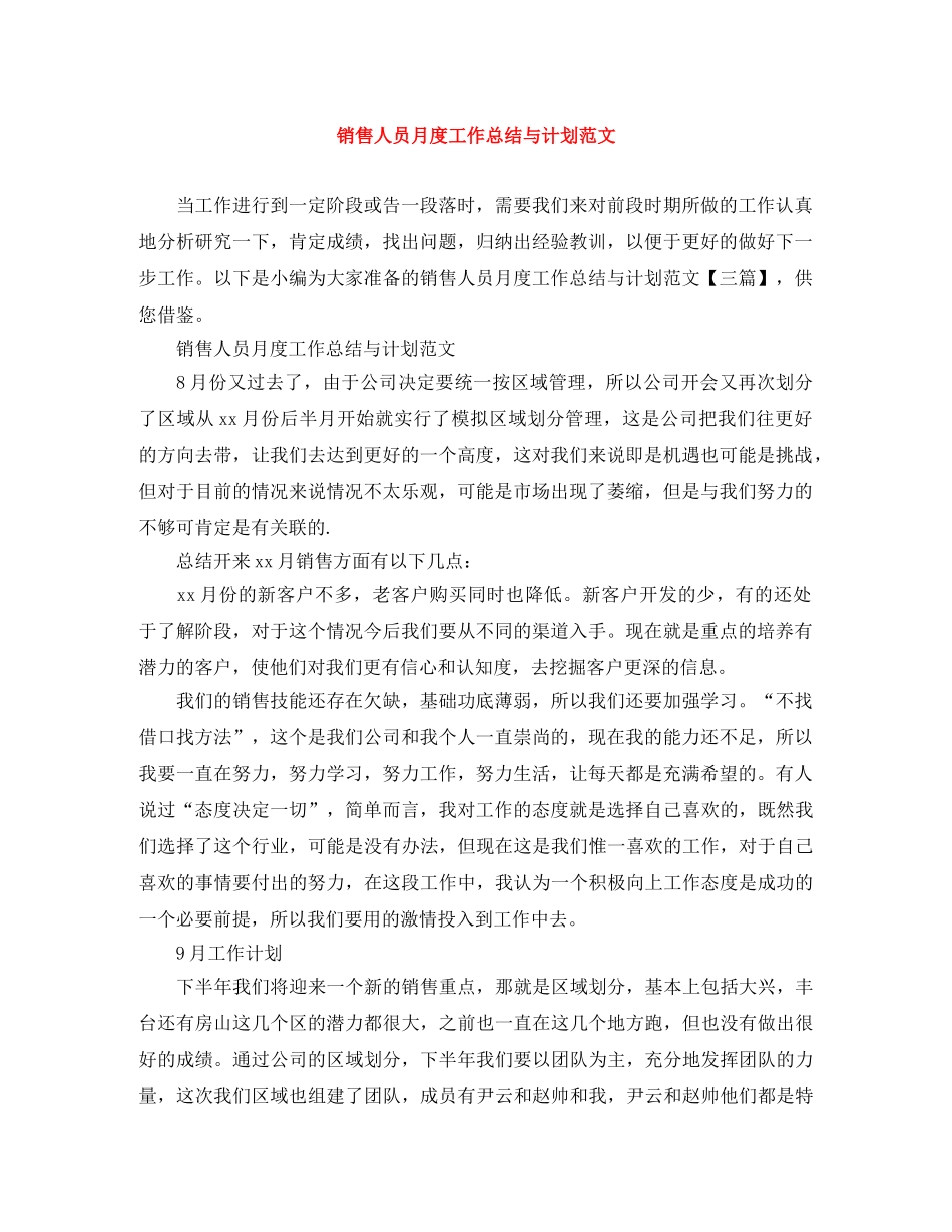 销售人员月度工作总结与计划范文 _第1页
