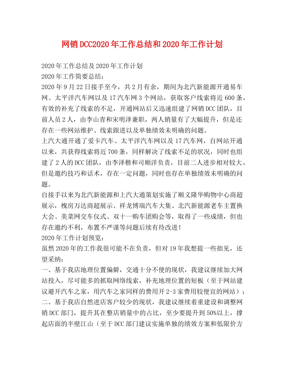 网销DCC2024年工作总结和2024年工作计划 _第1页