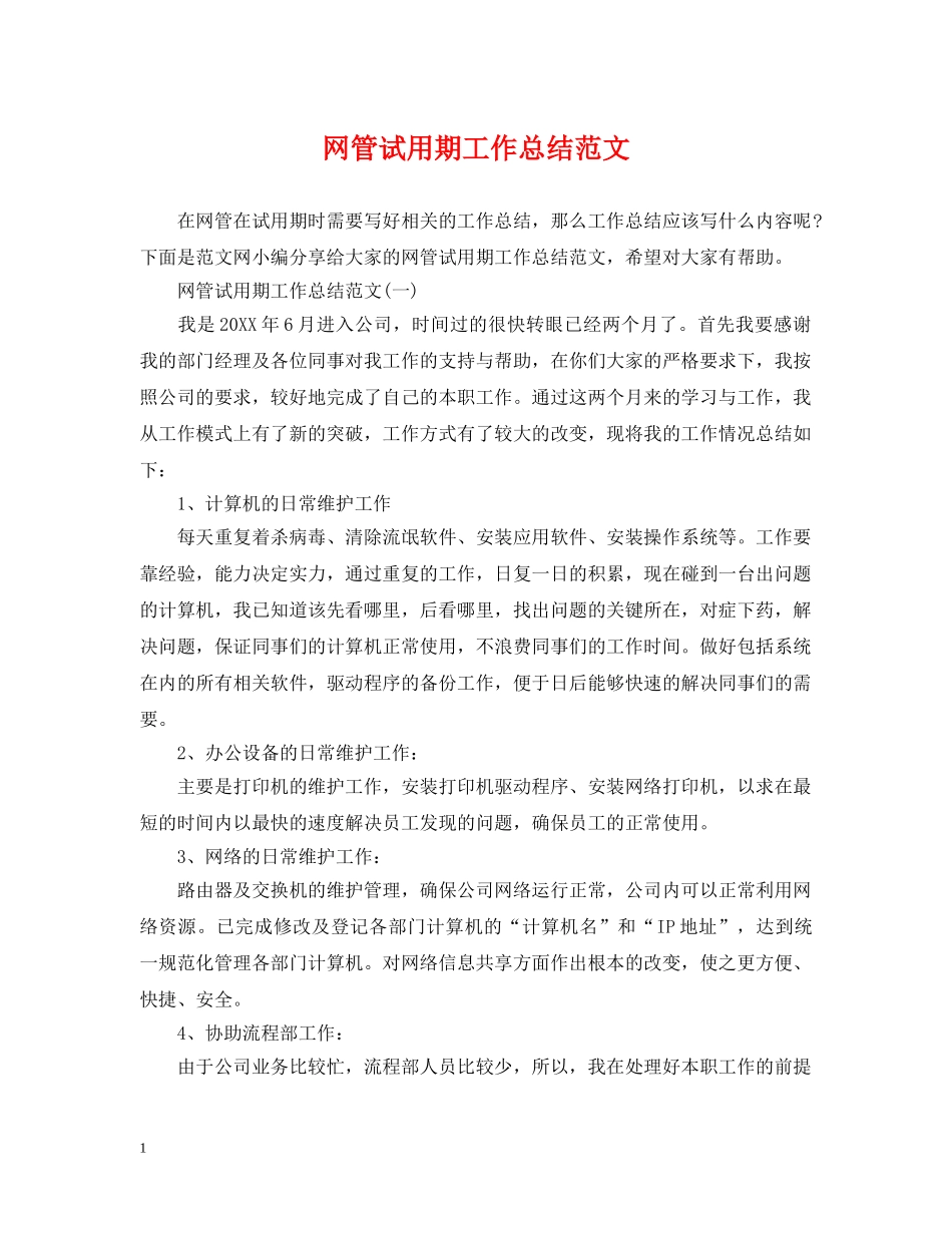 网管试用期工作总结范文 _第1页