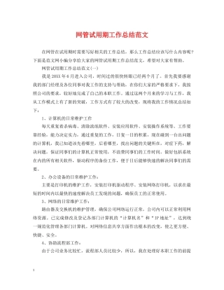 网管试用期工作总结范文 
