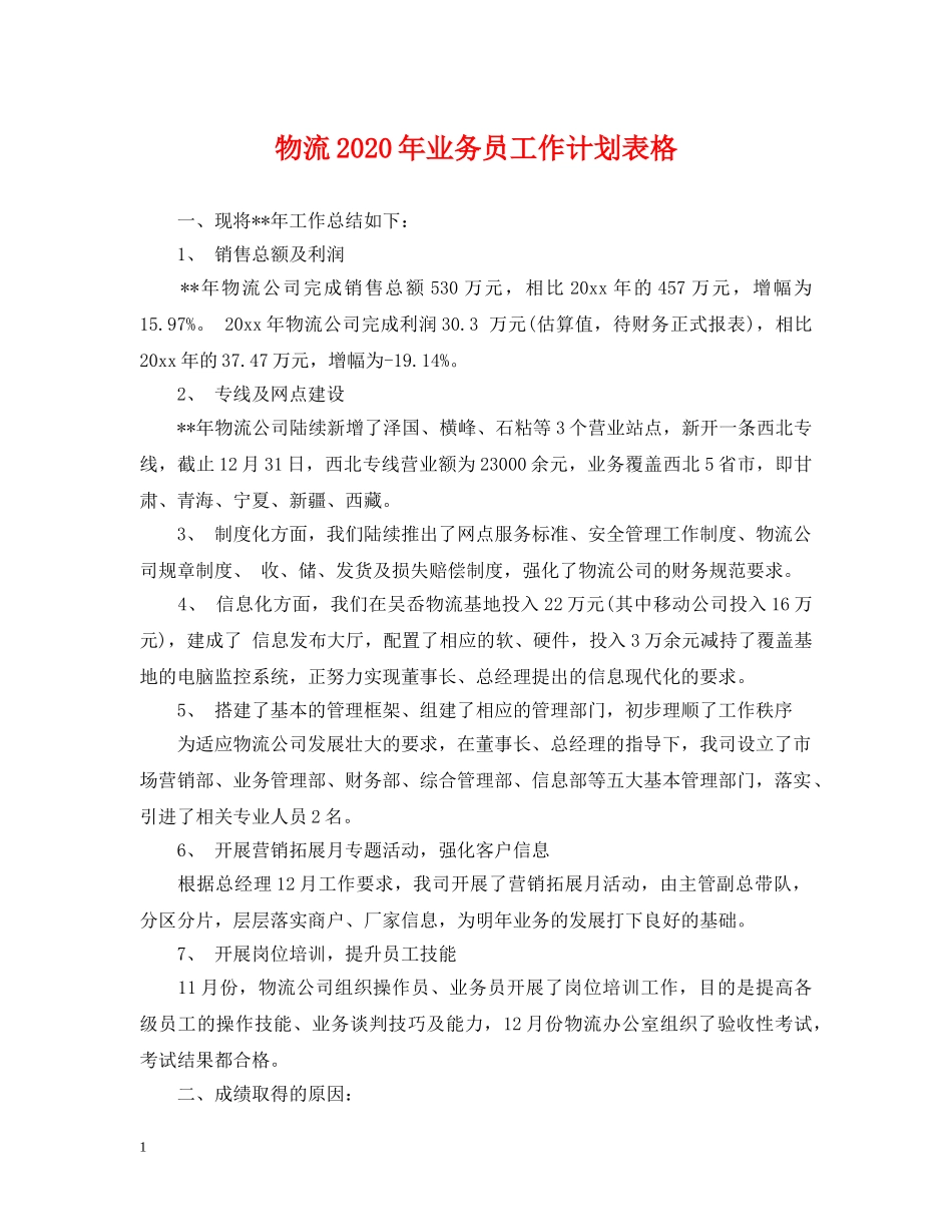 物流2024年业务员工作计划表格 _第1页