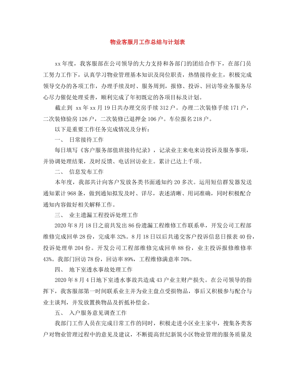 物业客服月工作总结与计划表 _第1页