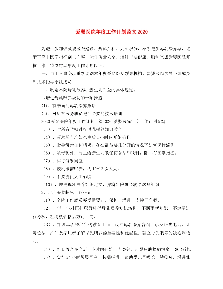 爱婴医院年度工作计划范文2024 _第1页