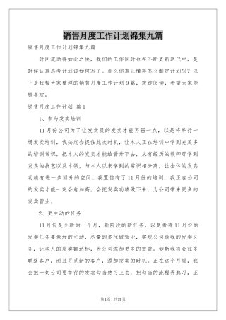 销售月度工作参考计划锦集九篇