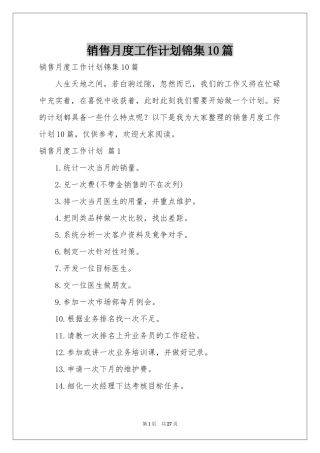 销售月度工作参考计划锦集10篇