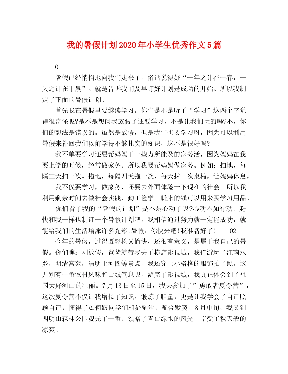 我的暑假计划2024年小学生优秀作文5篇 _第1页