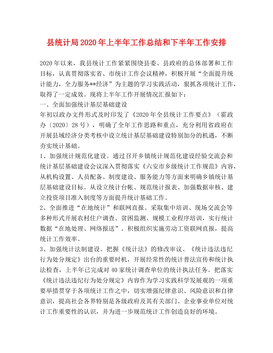 县统计局2024年上半年工作总结和下半年工作安排 _第1页