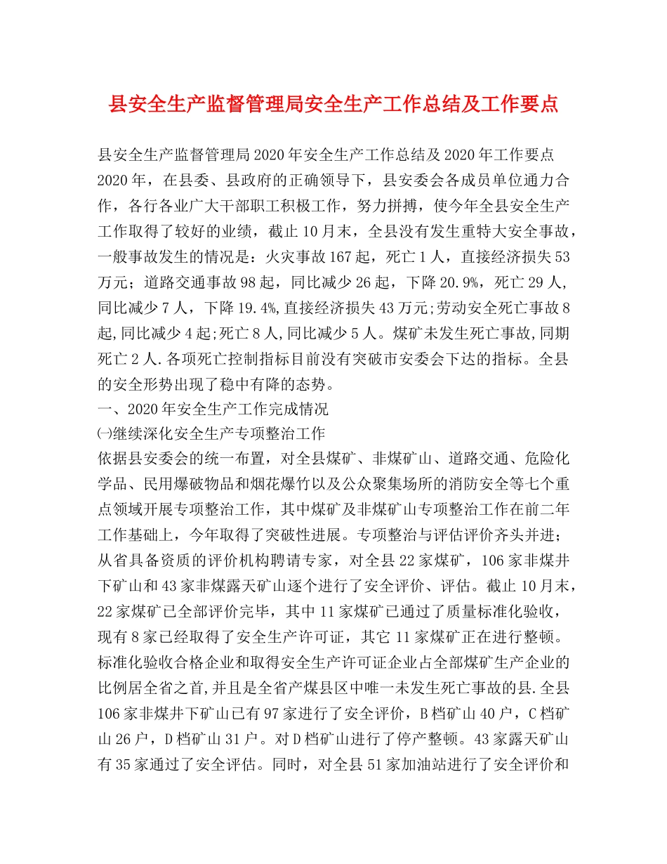县安全生产监督管理局安全生产工作总结及工作要点 _第1页