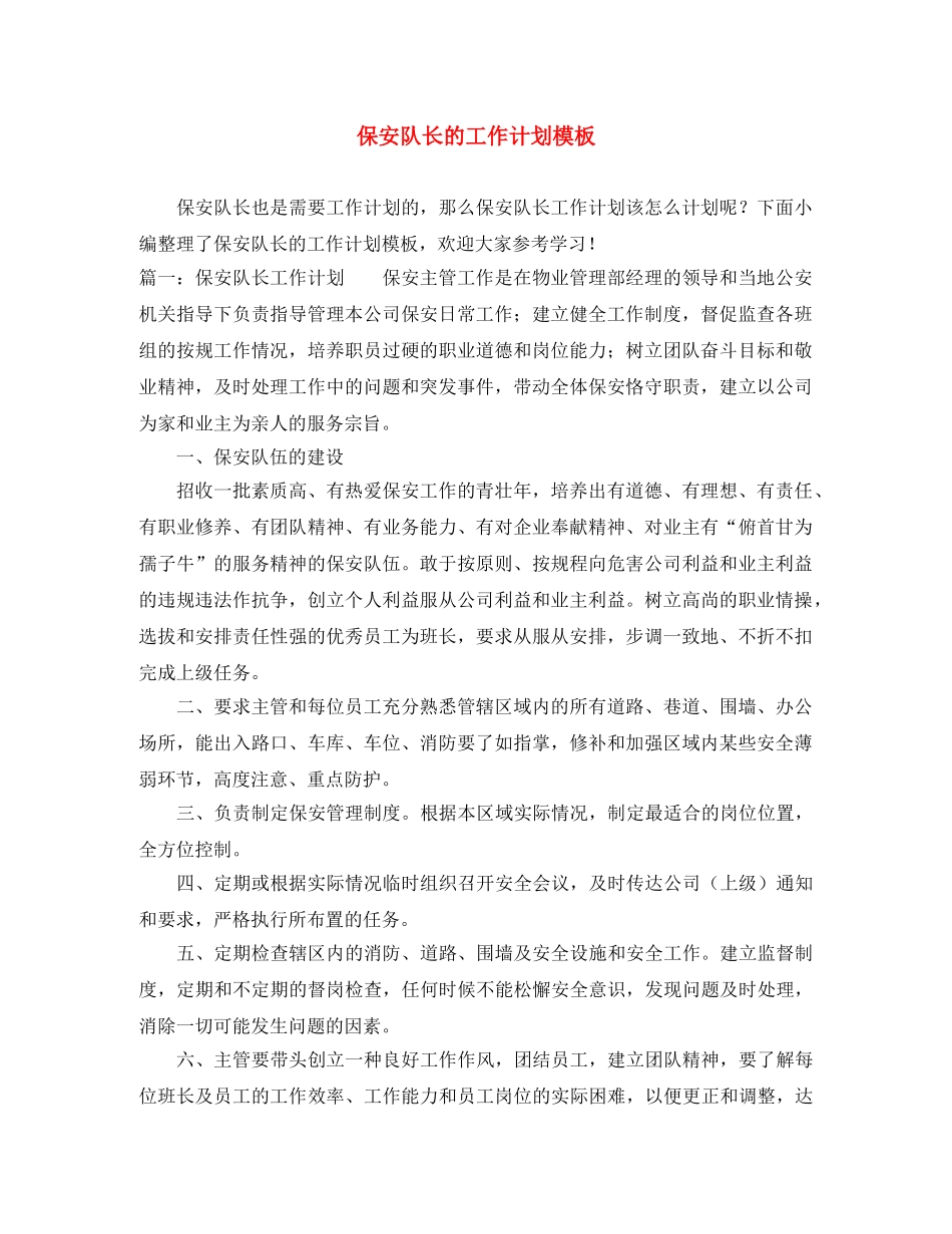 保安队长的工作计划模板 _第1页