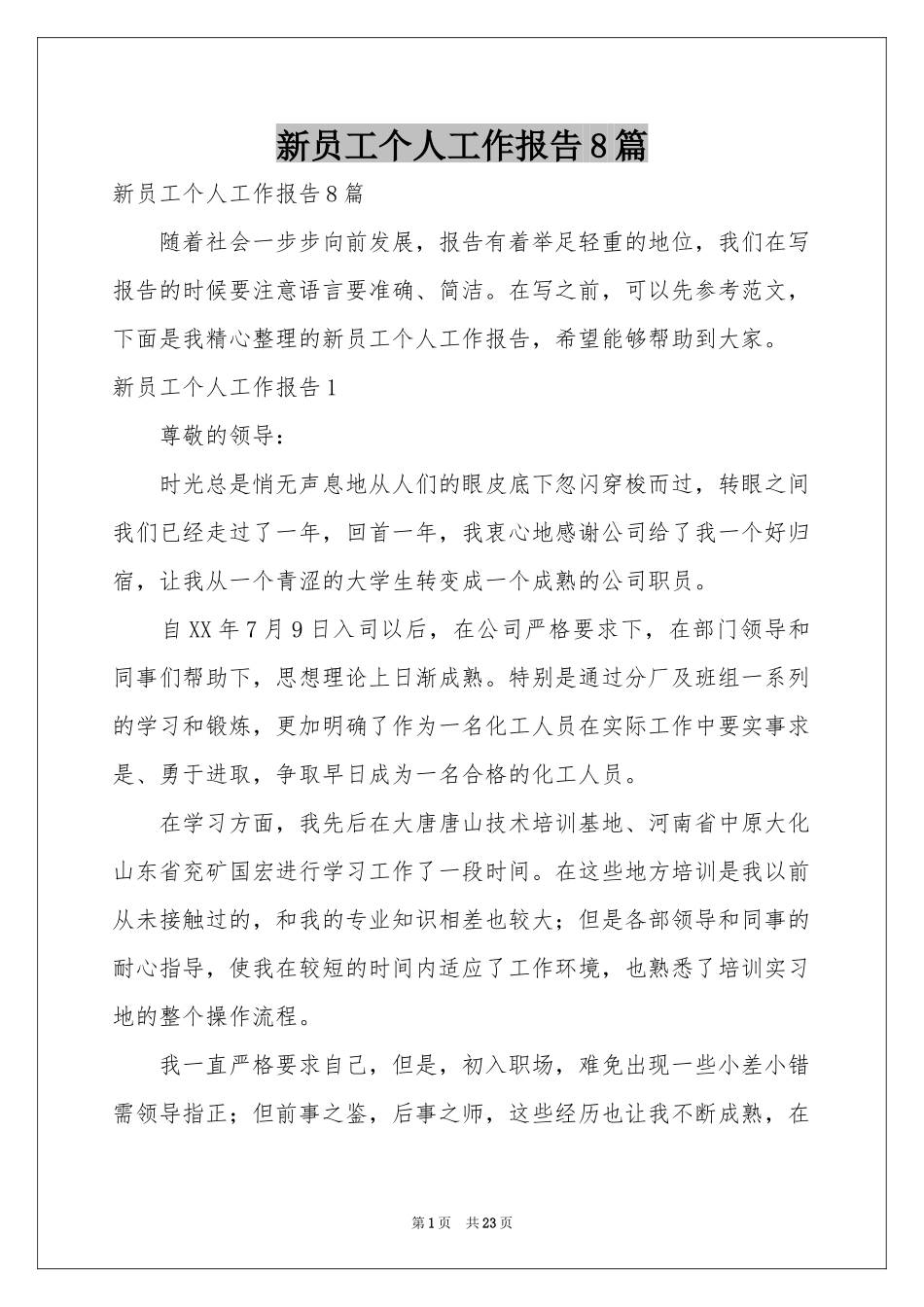新员工个人工作报告8篇_第1页