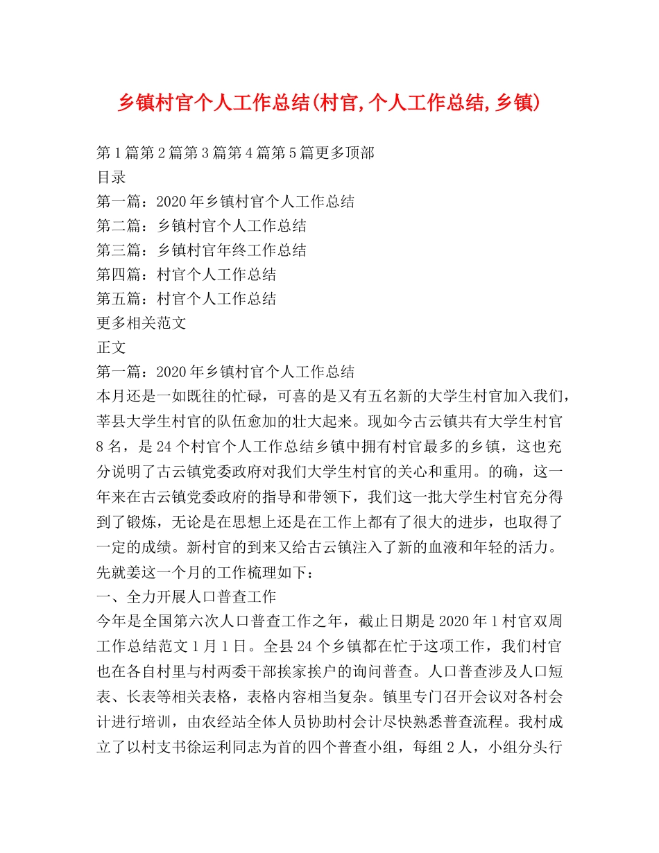 乡镇村官个人工作总结(村官,个人工作总结,乡镇) _第1页