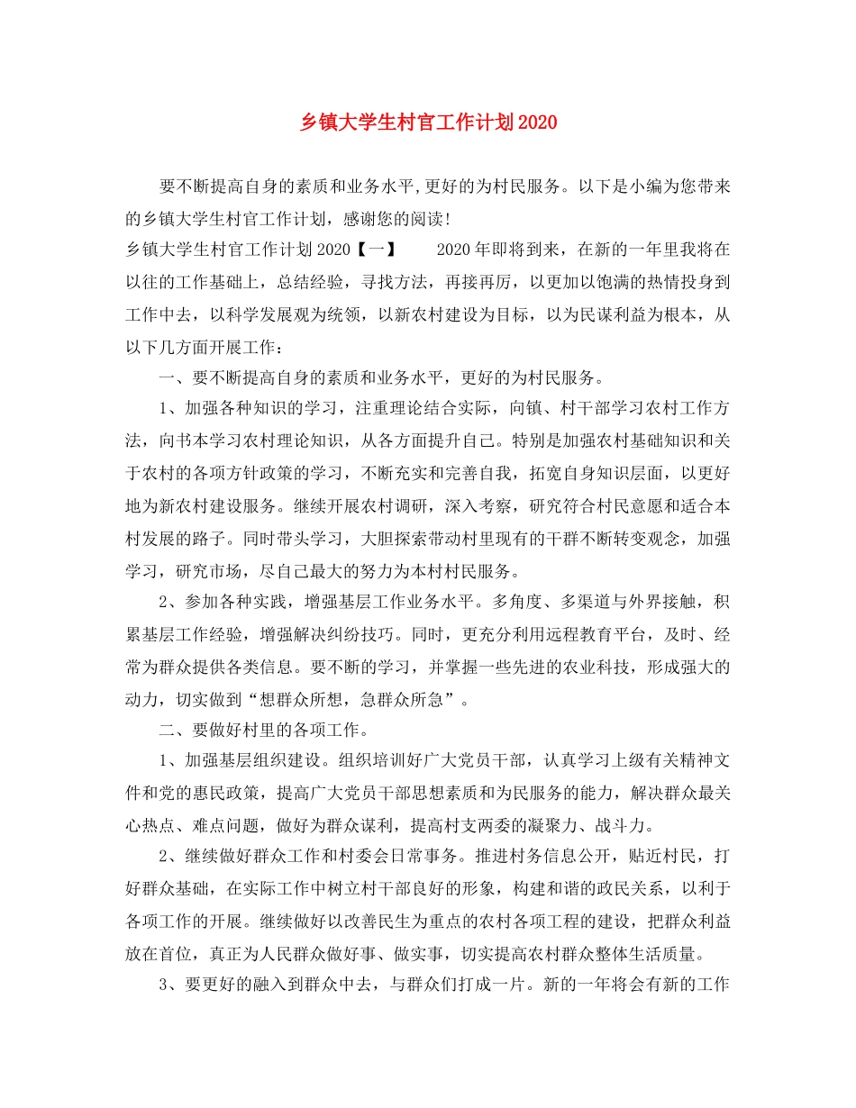 乡镇大学生村官工作计划2024 _第1页