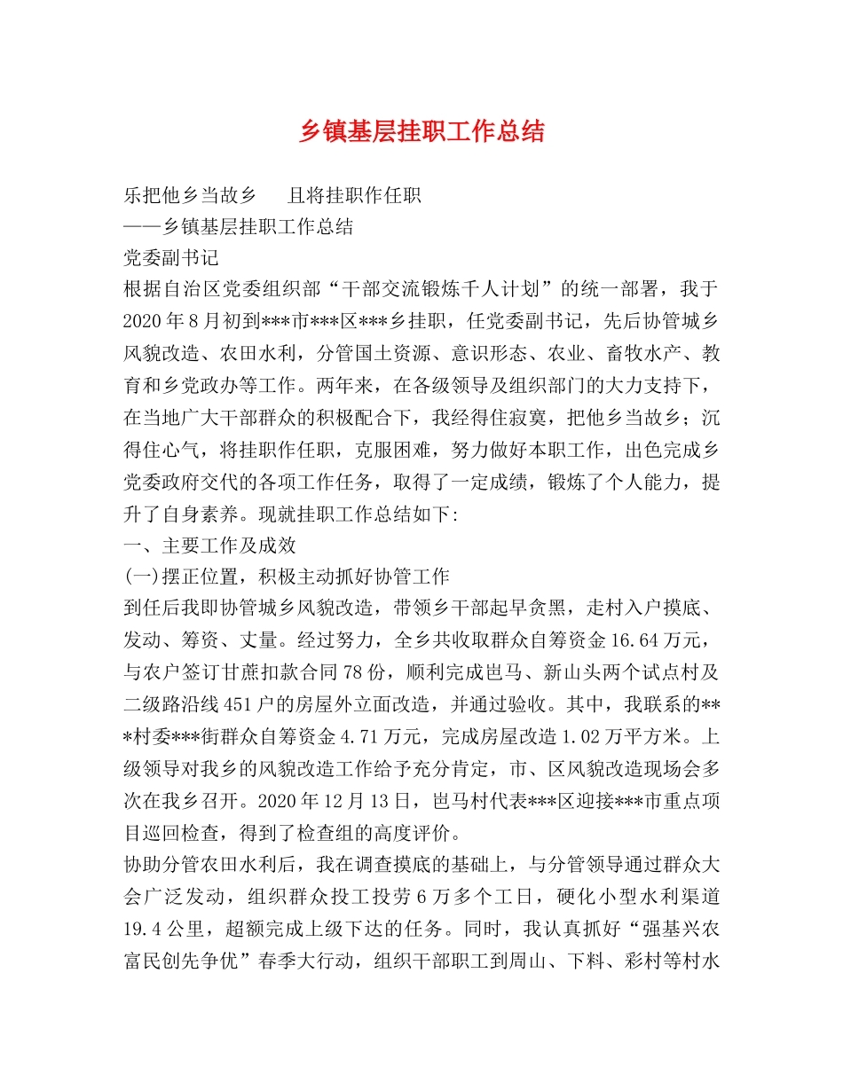 乡镇基层挂职工作总结 _第1页