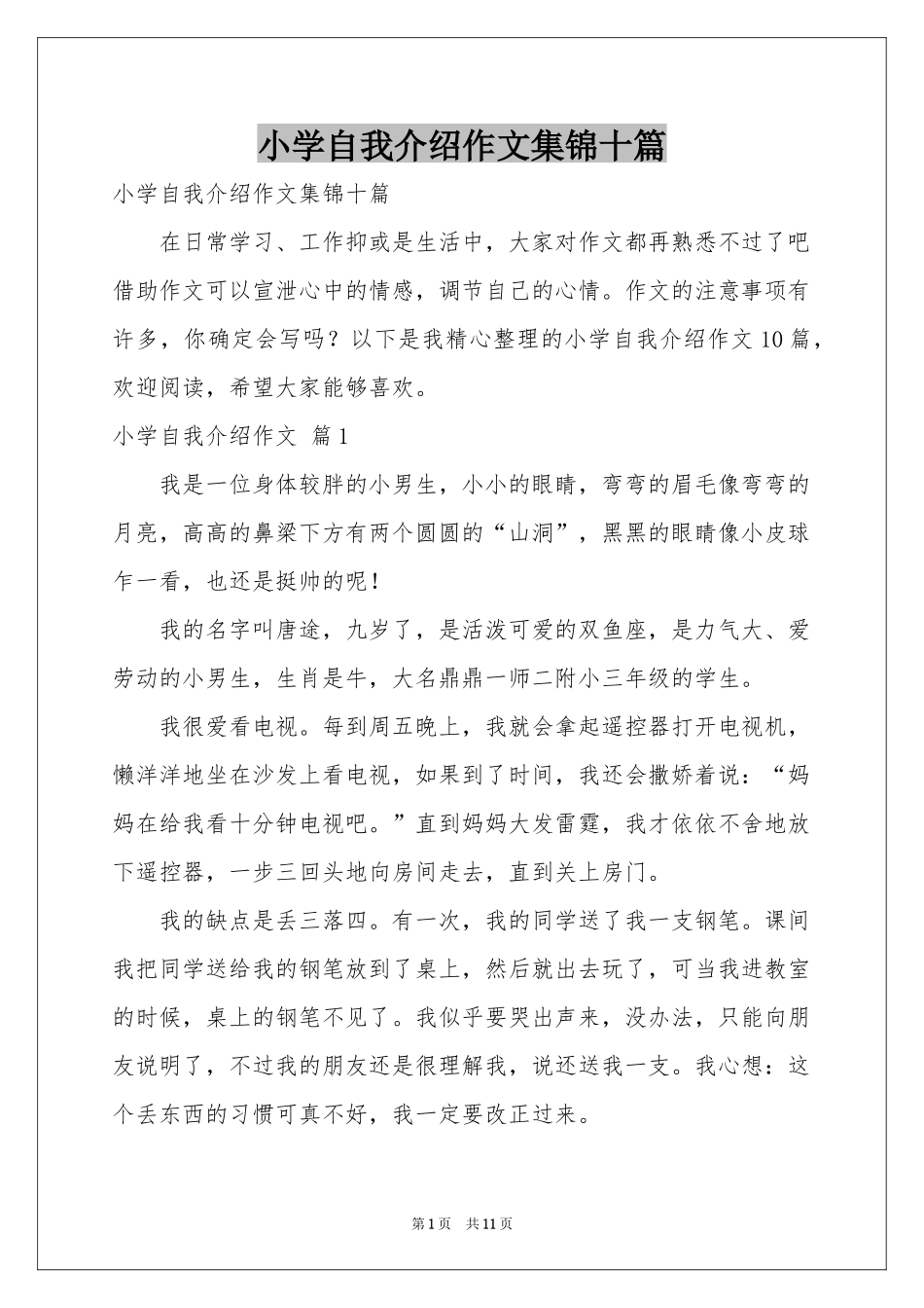小学自我介绍作文集锦十篇_第1页
