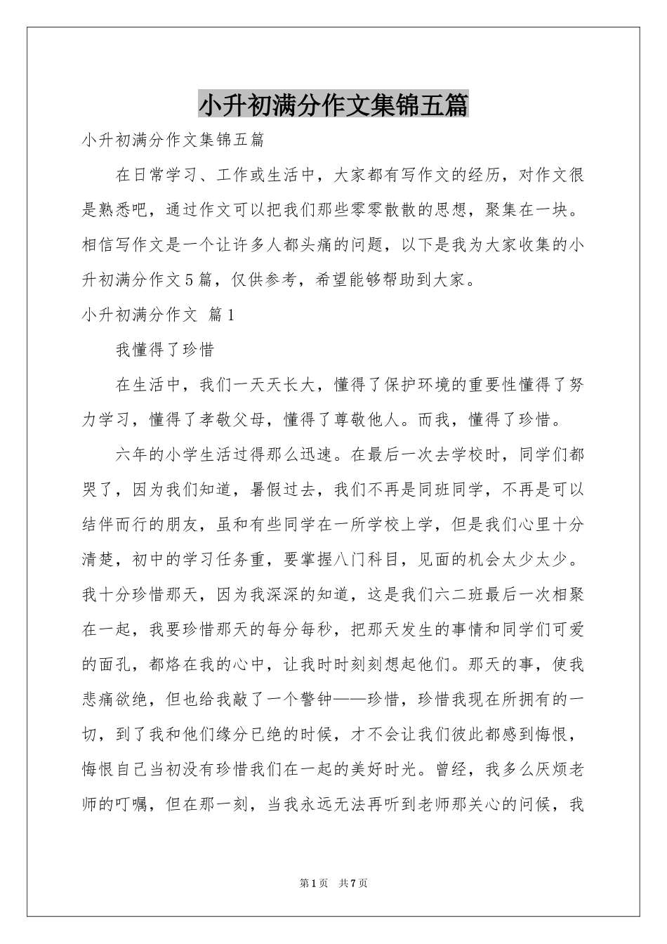 小升初满分作文集锦五篇_第1页