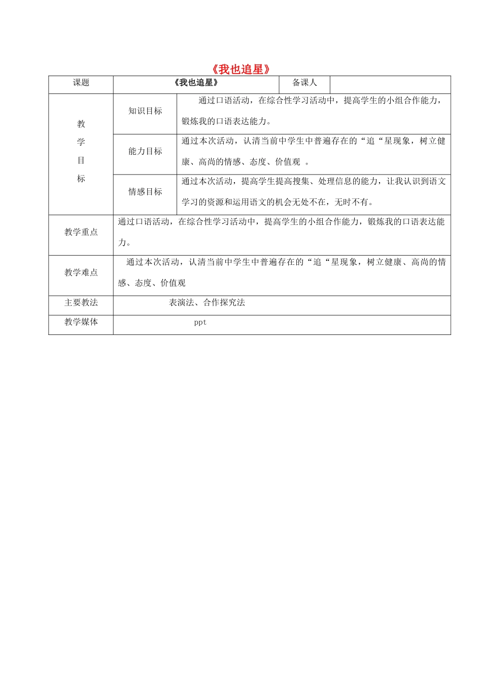 黑龙江省鸡西市七年级语文上册 综合性学习2 我也追星教案 鲁教版五四制-鲁教版五四制初中七年级上册语文教案_第1页