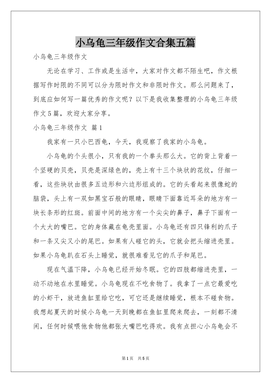 小乌龟三年级作文合集五篇_第1页