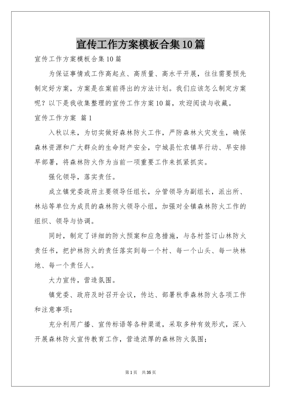 宣传工作方案模板合集10篇_第1页