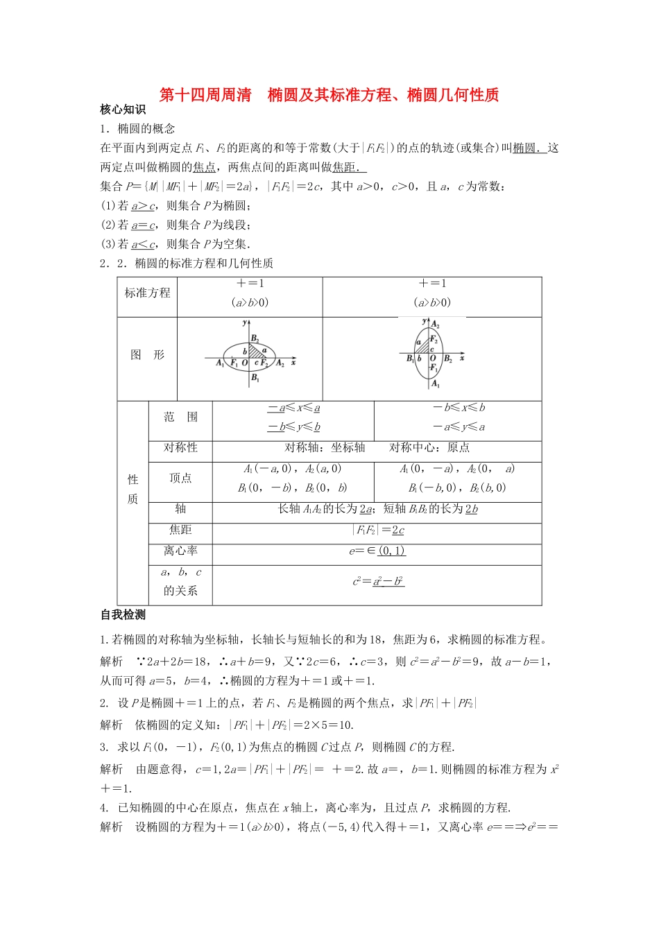 高一数学上学期周清 第十四周周清 椭圆及其标准方程、椭圆几何性质 文-人教版高一全册数学试题_第1页