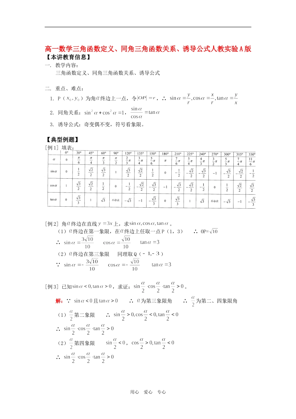 高一数学三角函数定义、同角三角函数关系、诱导公式人教实验A版知识精讲_第1页