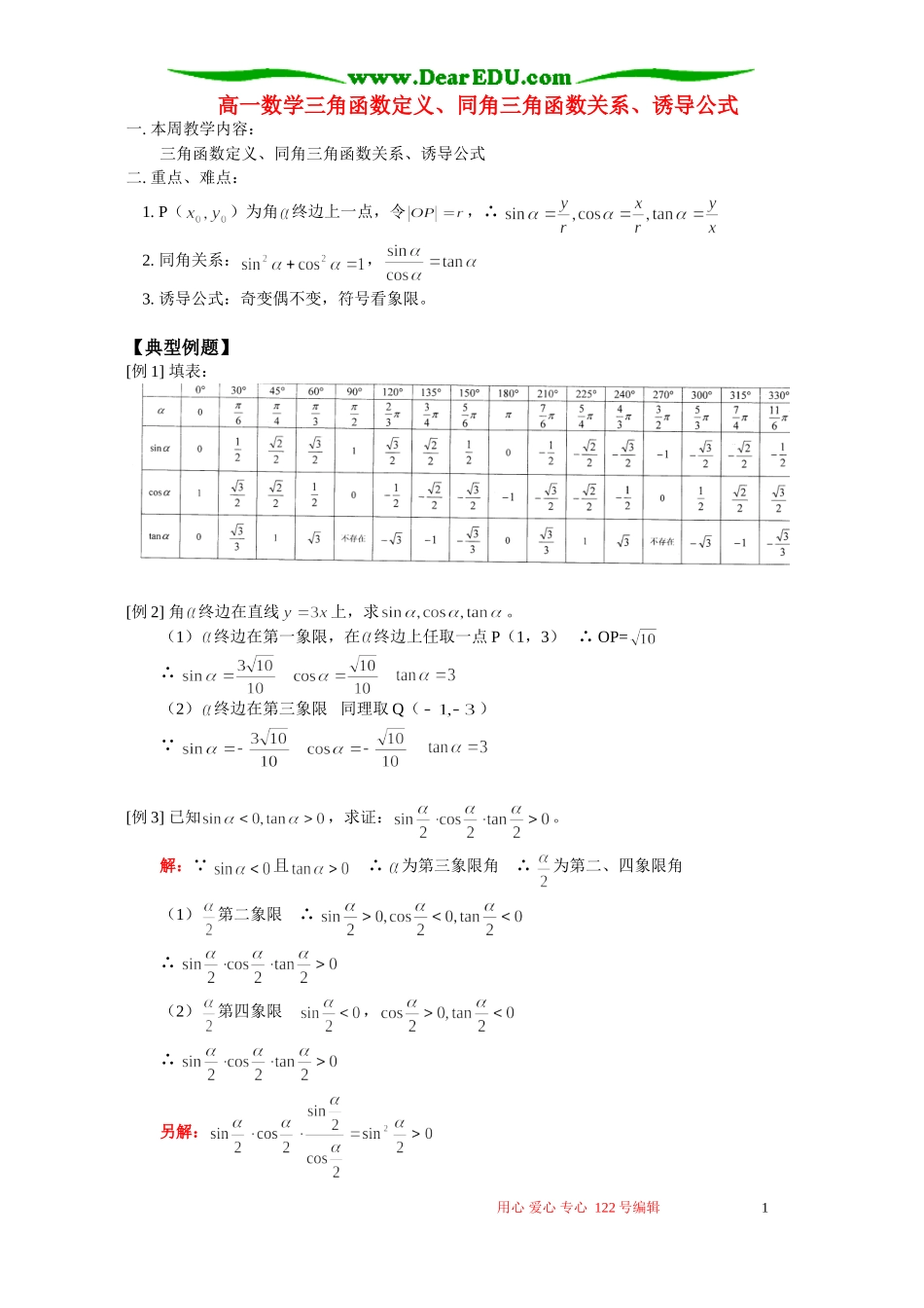 高一数学三角函数定义、同角三角函数关系、诱导公式 人教实验版_第1页