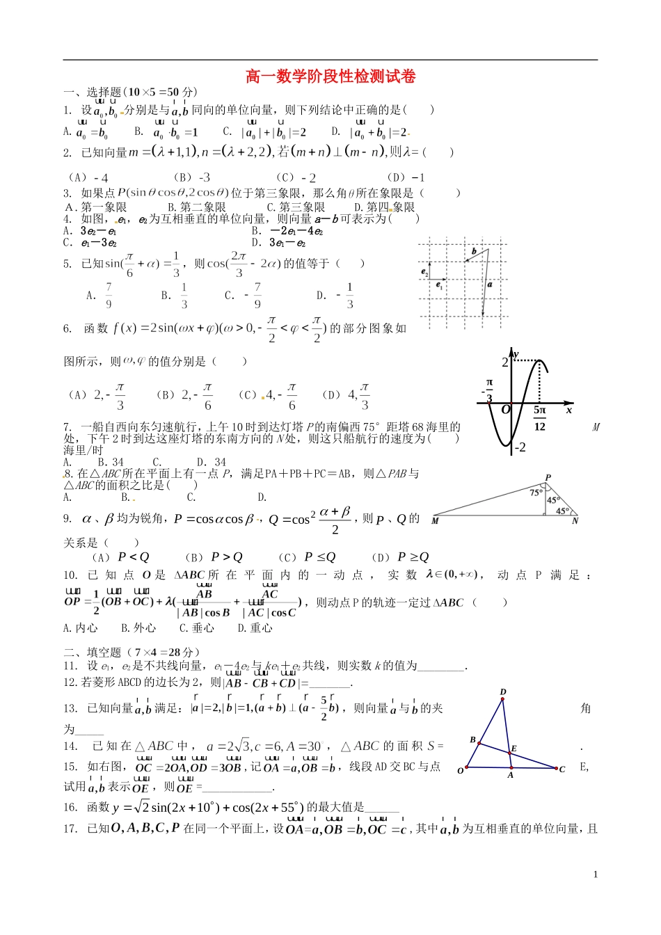 高一数学3月阶段检测试题-人教版高一全册数学试题_第1页