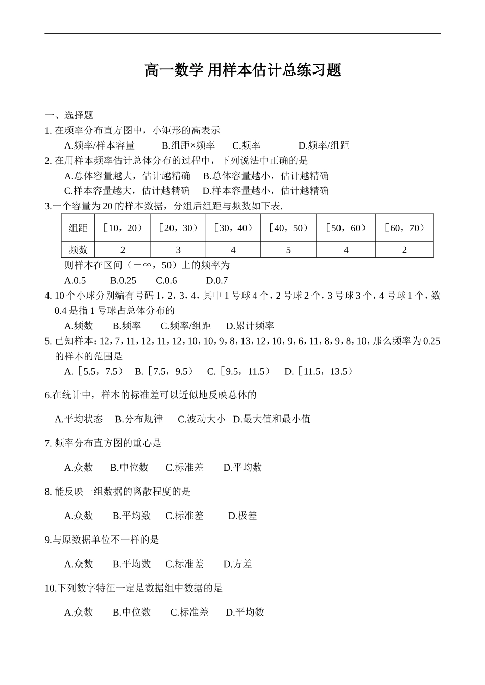 高一数学 用样本估计总练习题_第1页